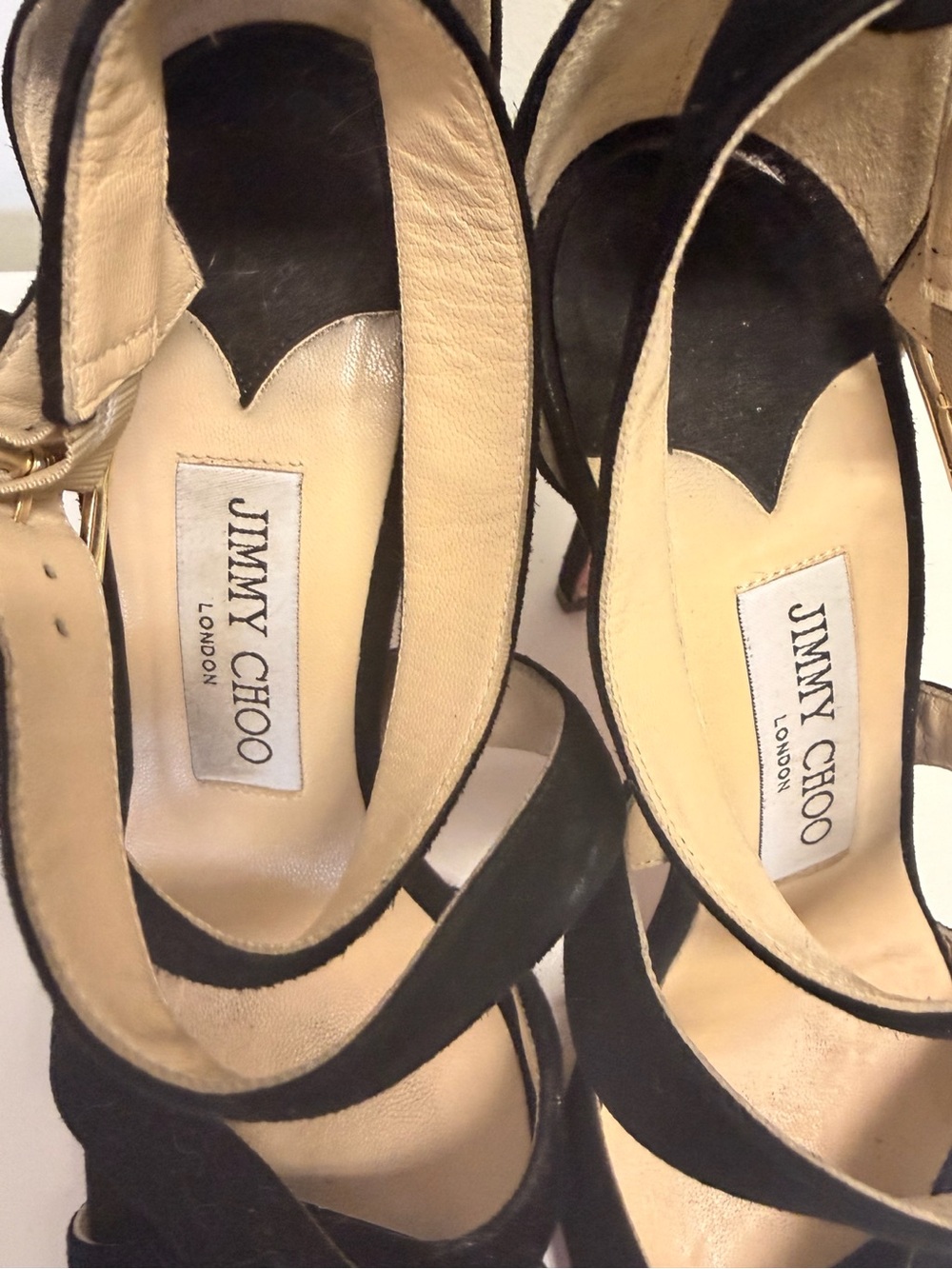 Jimmy Choo Black Suede Strappy High Heels with Gold Buckle - Picture 2 of 6